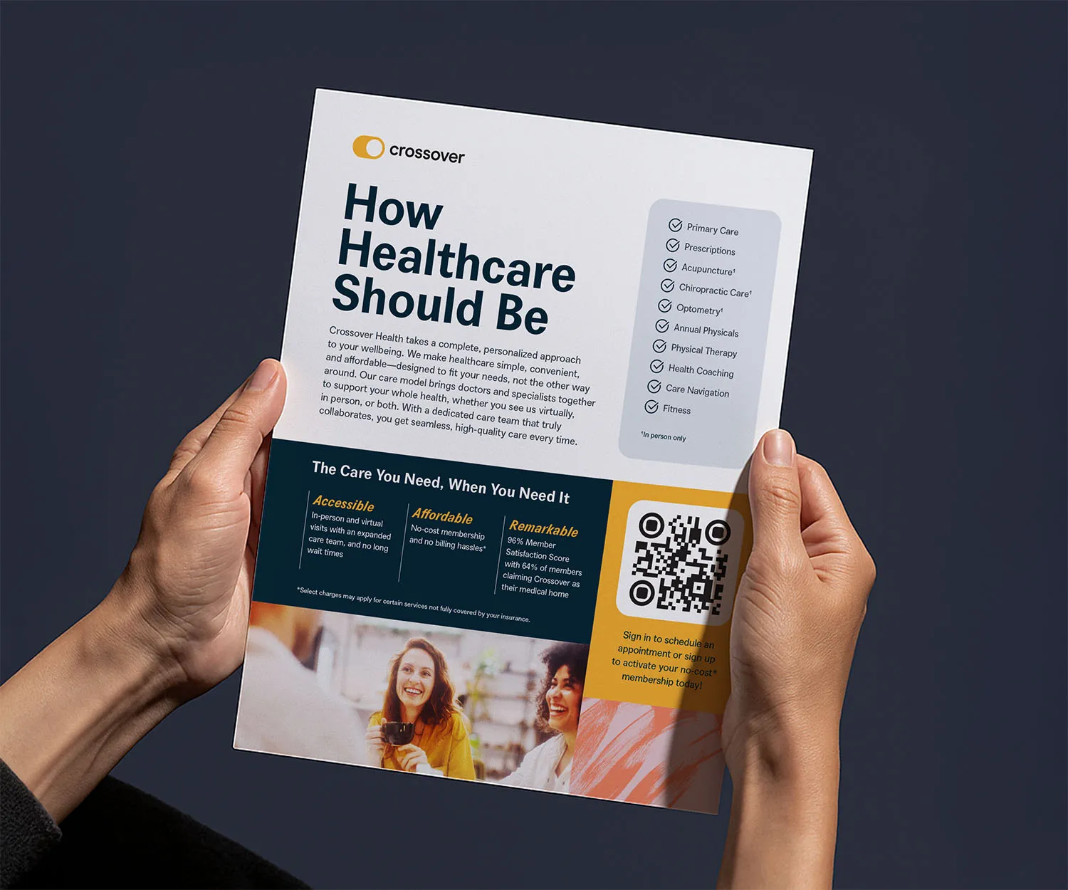 Hands holding a "How Healthcare Should Be" Crossover Health brochure.