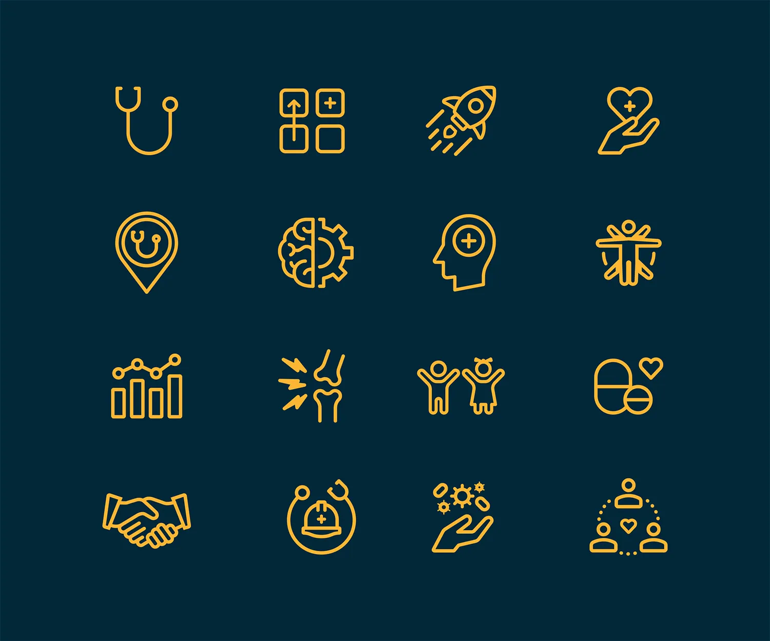 Set of yellow line icons for Crossover Health services on navy.
