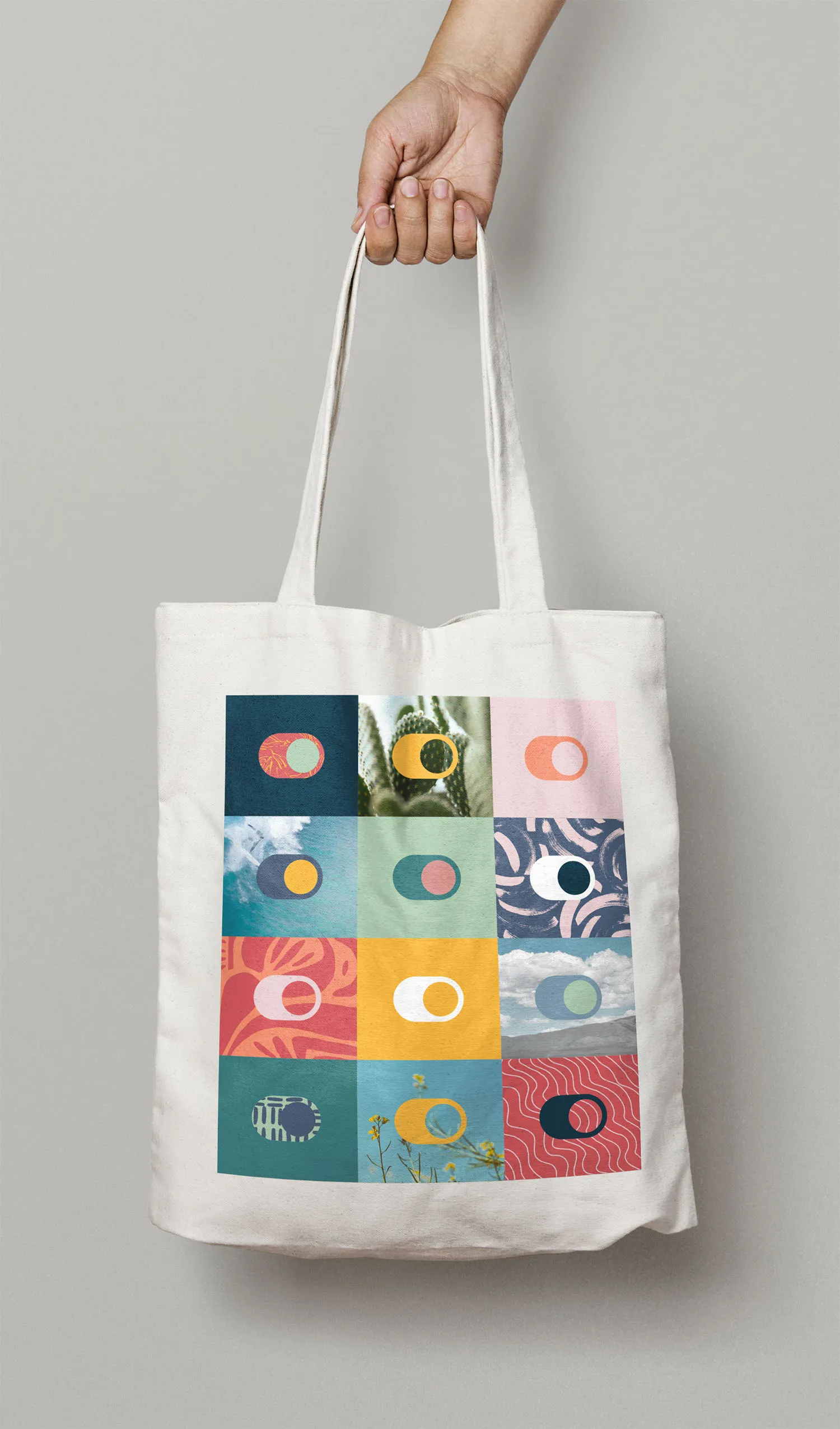 Tote bag printed with the Crossover Health icon grid.