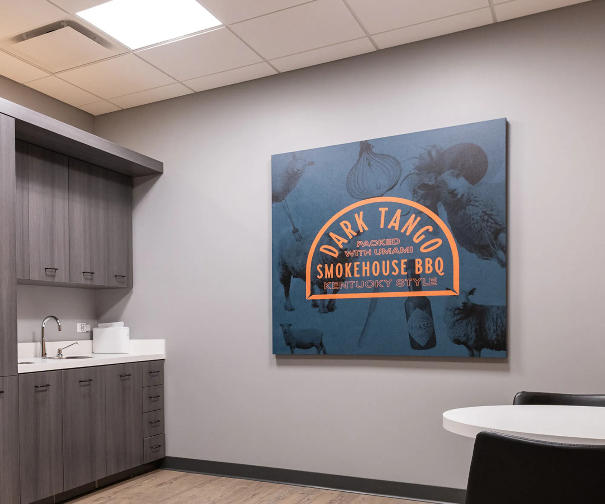 Exam room featuring a Dark Tango Smokehouse BBQ wall panel.