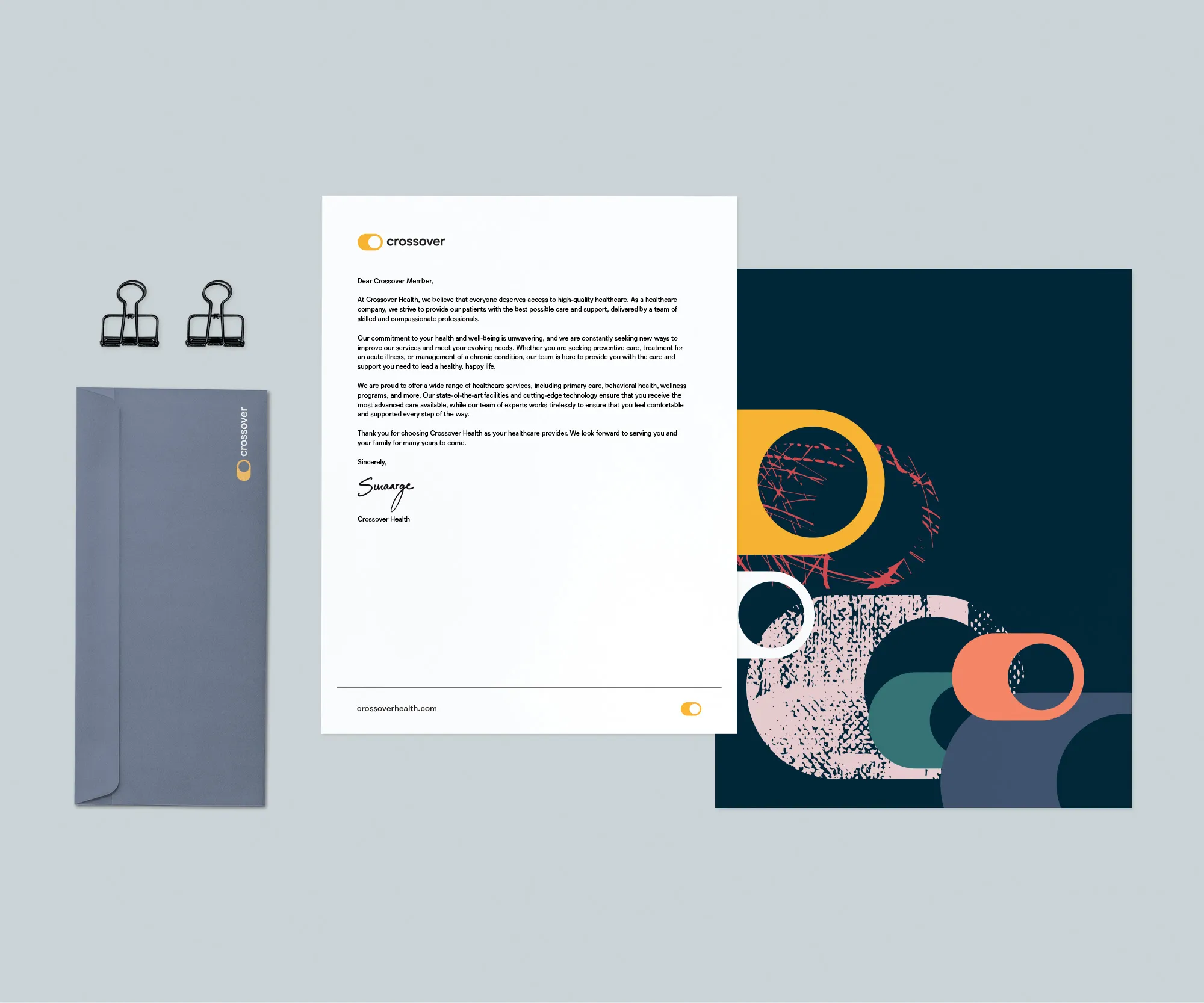 Crossover Health letterhead and stationery set.