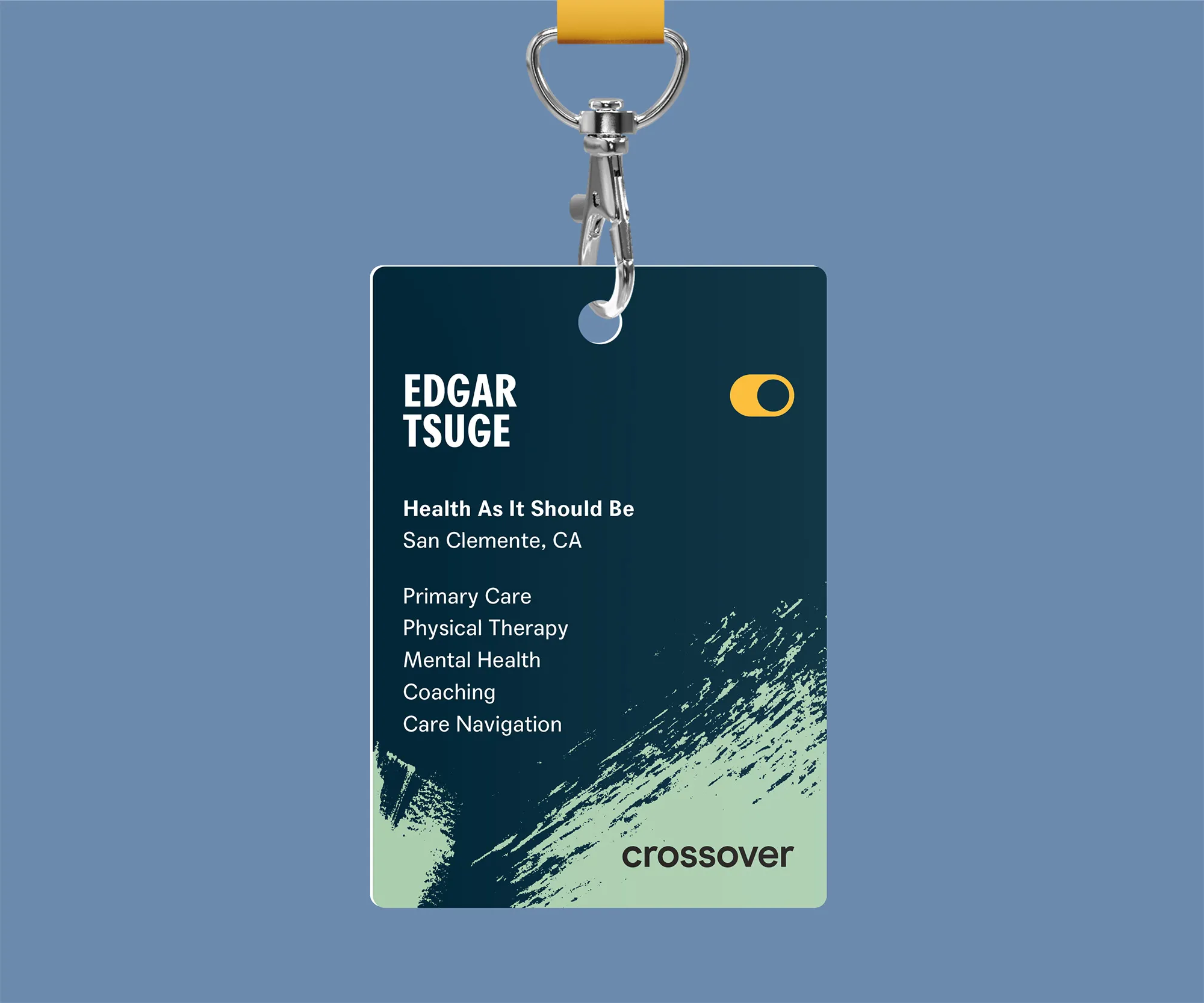 Crossover Health staff badge and lanyard.