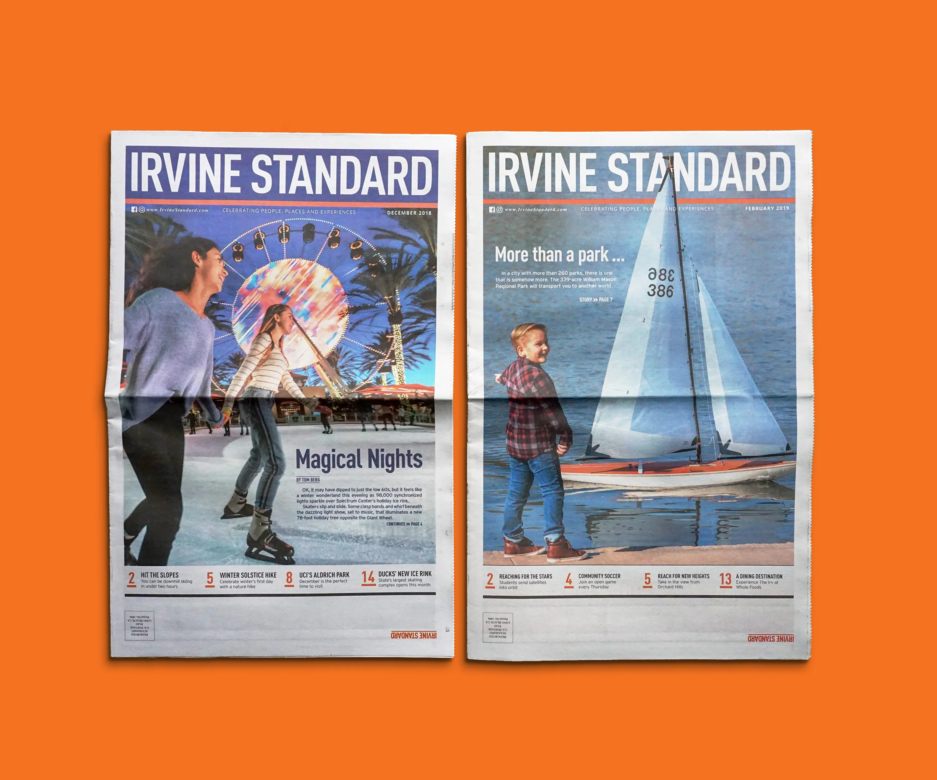 Two Irvine Standard covers side by side on orange.