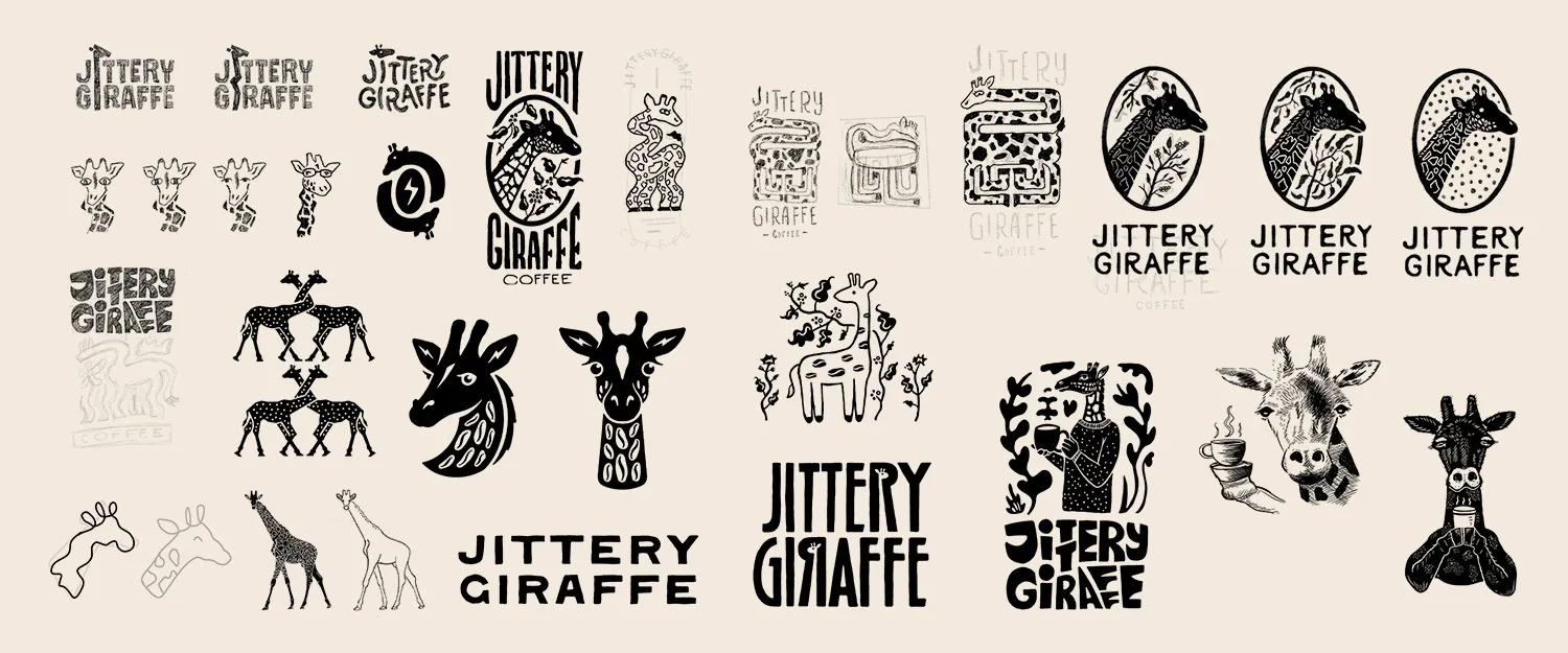 Sheet of Jittery Giraffe logo explorations and giraffe illustrations.