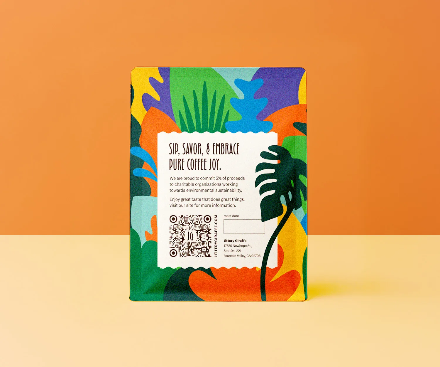 Back of a Jittery Giraffe coffee bag showing brewing copy and QR code.