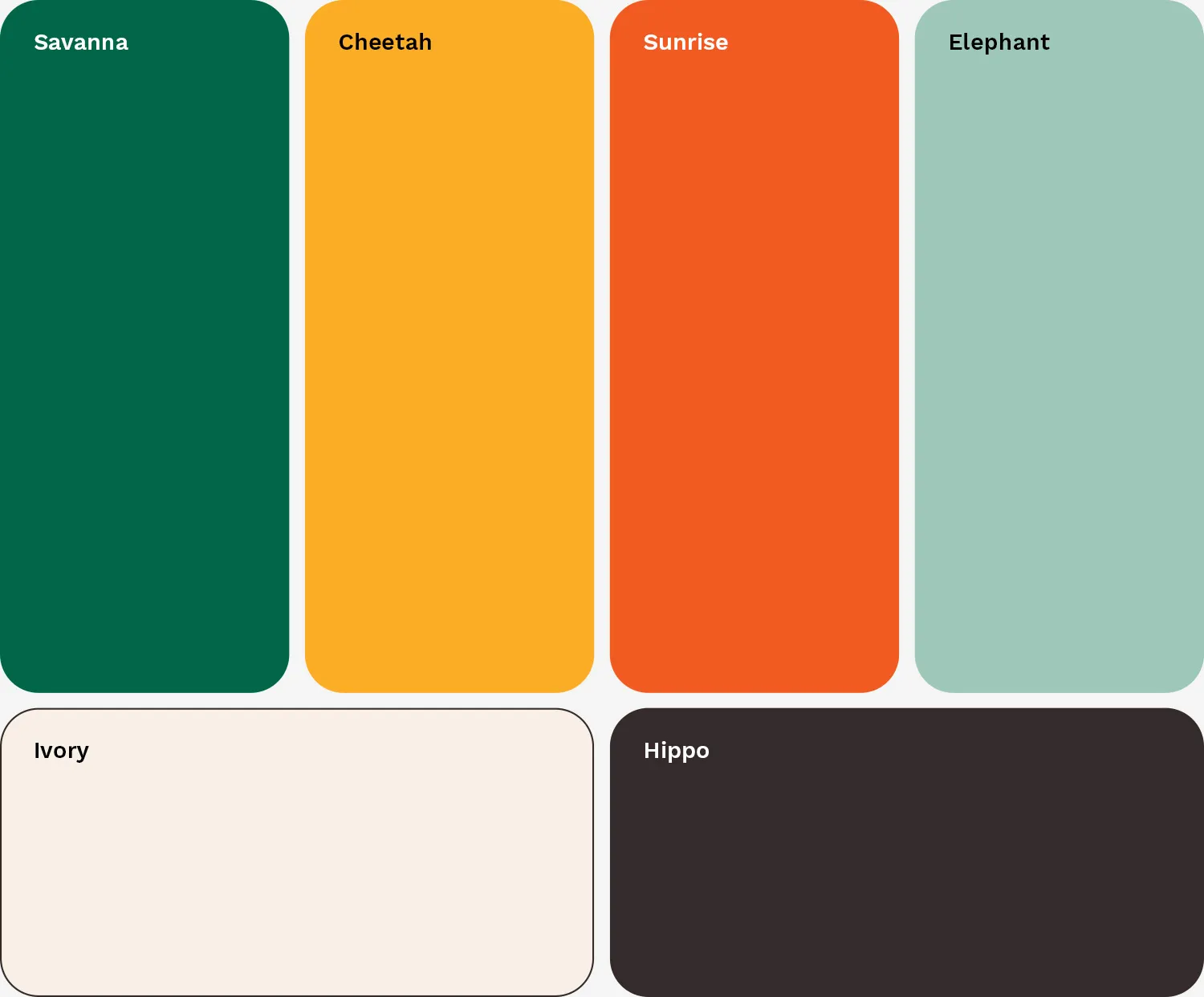 Jittery Giraffe colour palette: Savanna, Cheetah, Sunrise, Elephant, Ivory and Hippo.