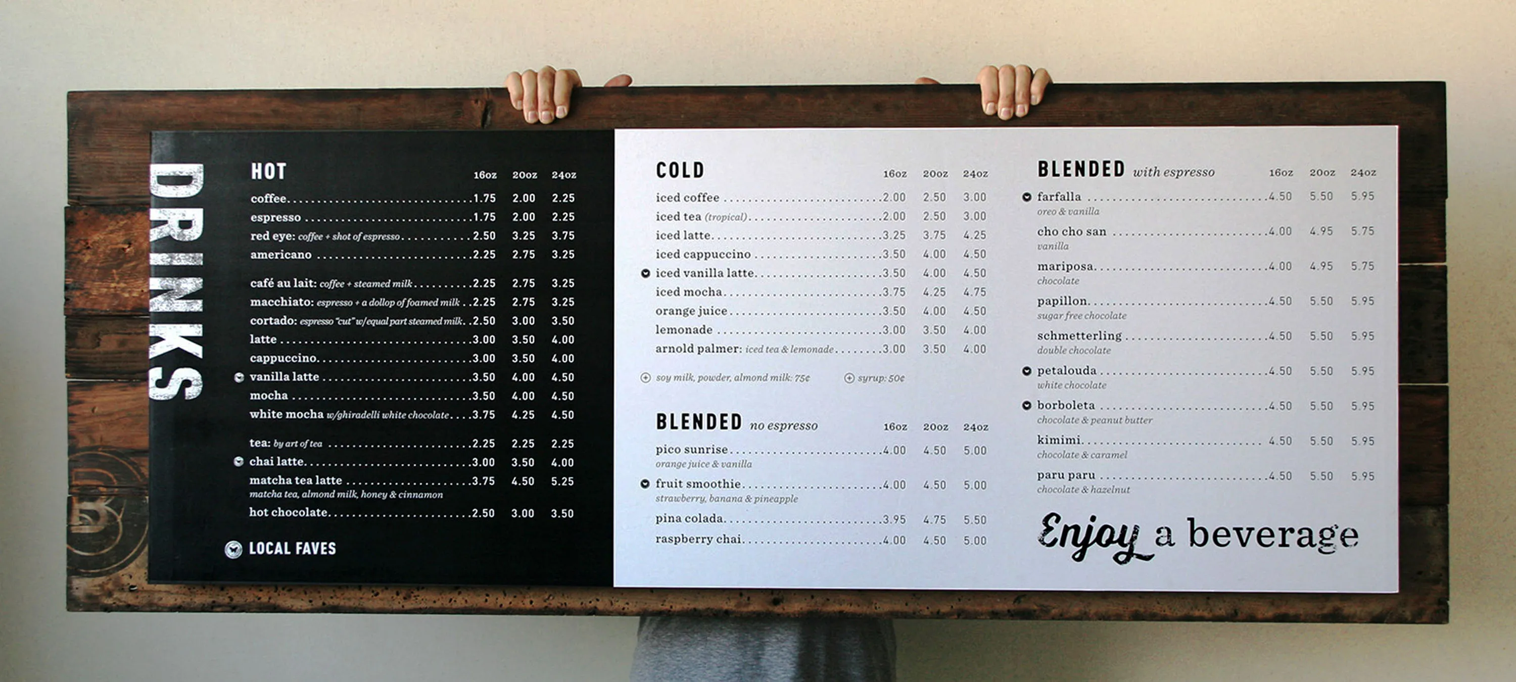 Blue Butterfly drinks menu board mounted above the counter.