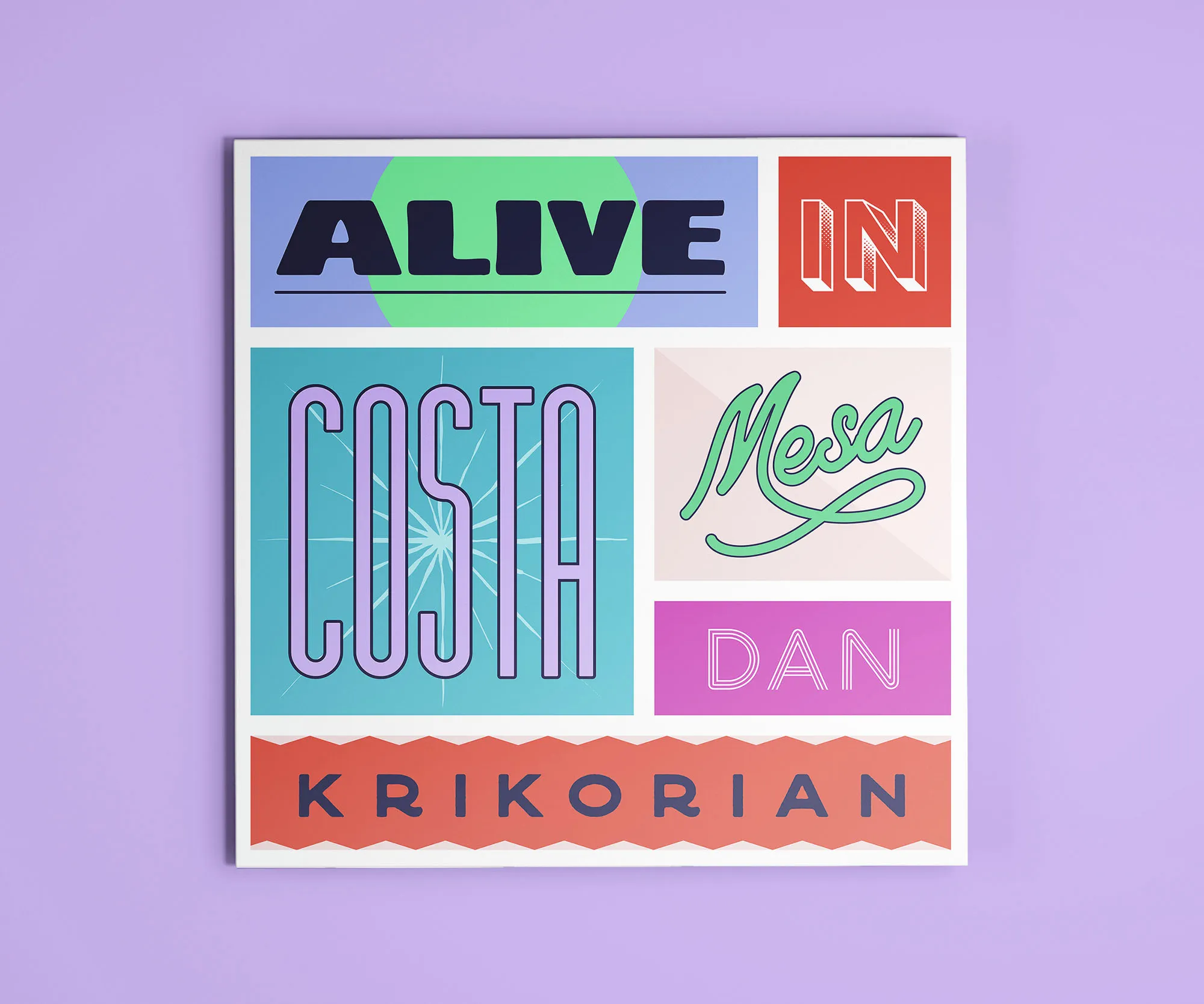 "Alive in Costa Mesa" cover built from stacked colour-block lettering.