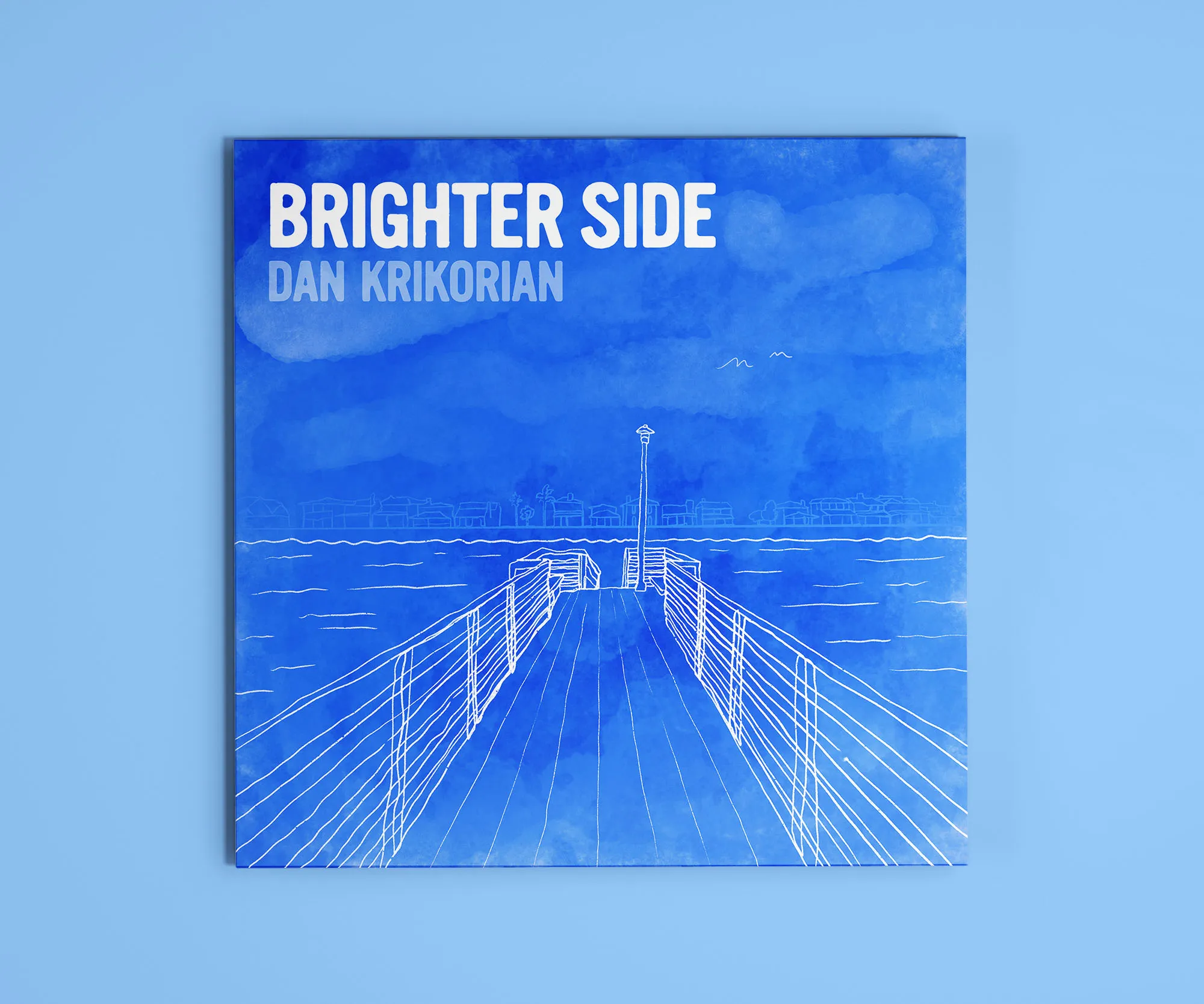 "Brighter Side" cover with a line-drawn pier receding into blue.