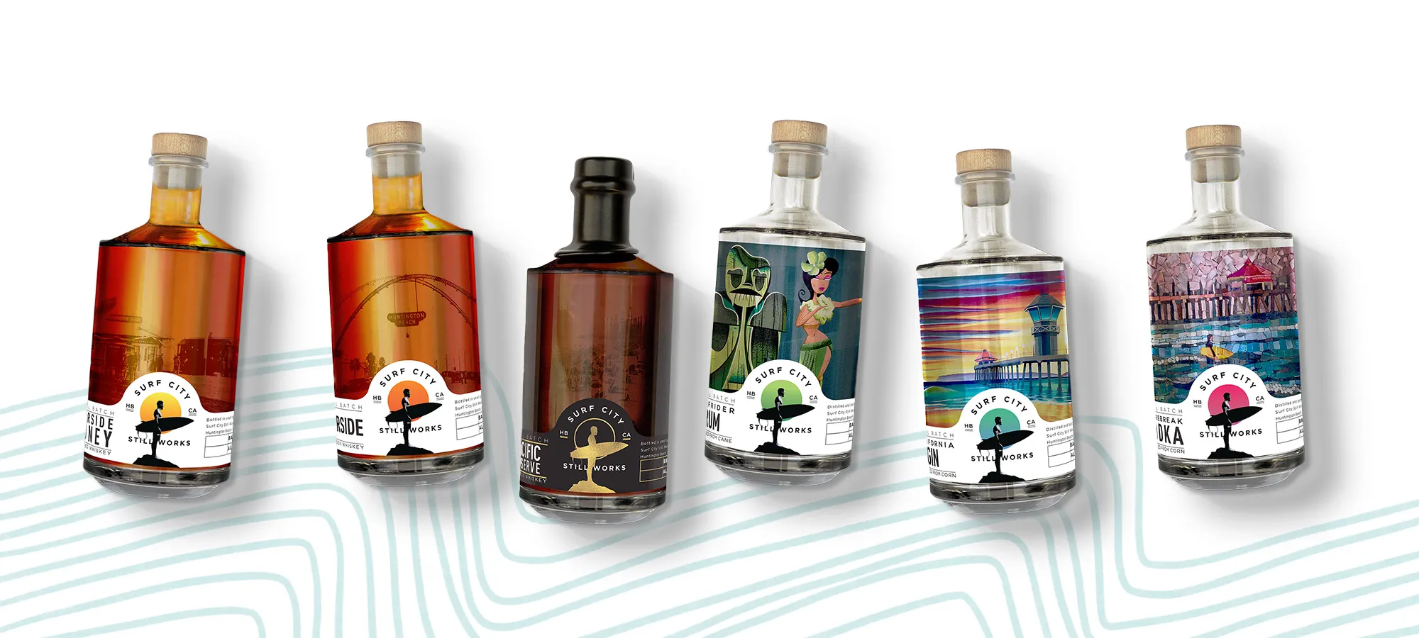 The full Surf City Still Works spirits range on a wave-pattern background.