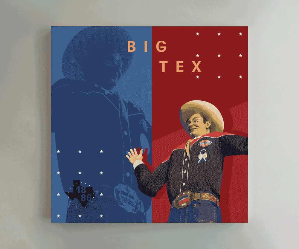 Animated "Big Tex" artwork panel mounted on a clinic wall.
