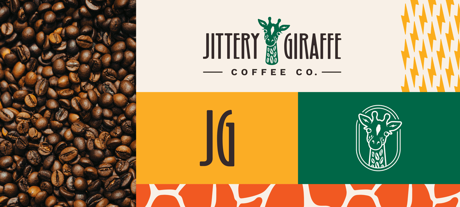 Animated panel of coffee beans, the Jittery Giraffe logo and brand patterns.
