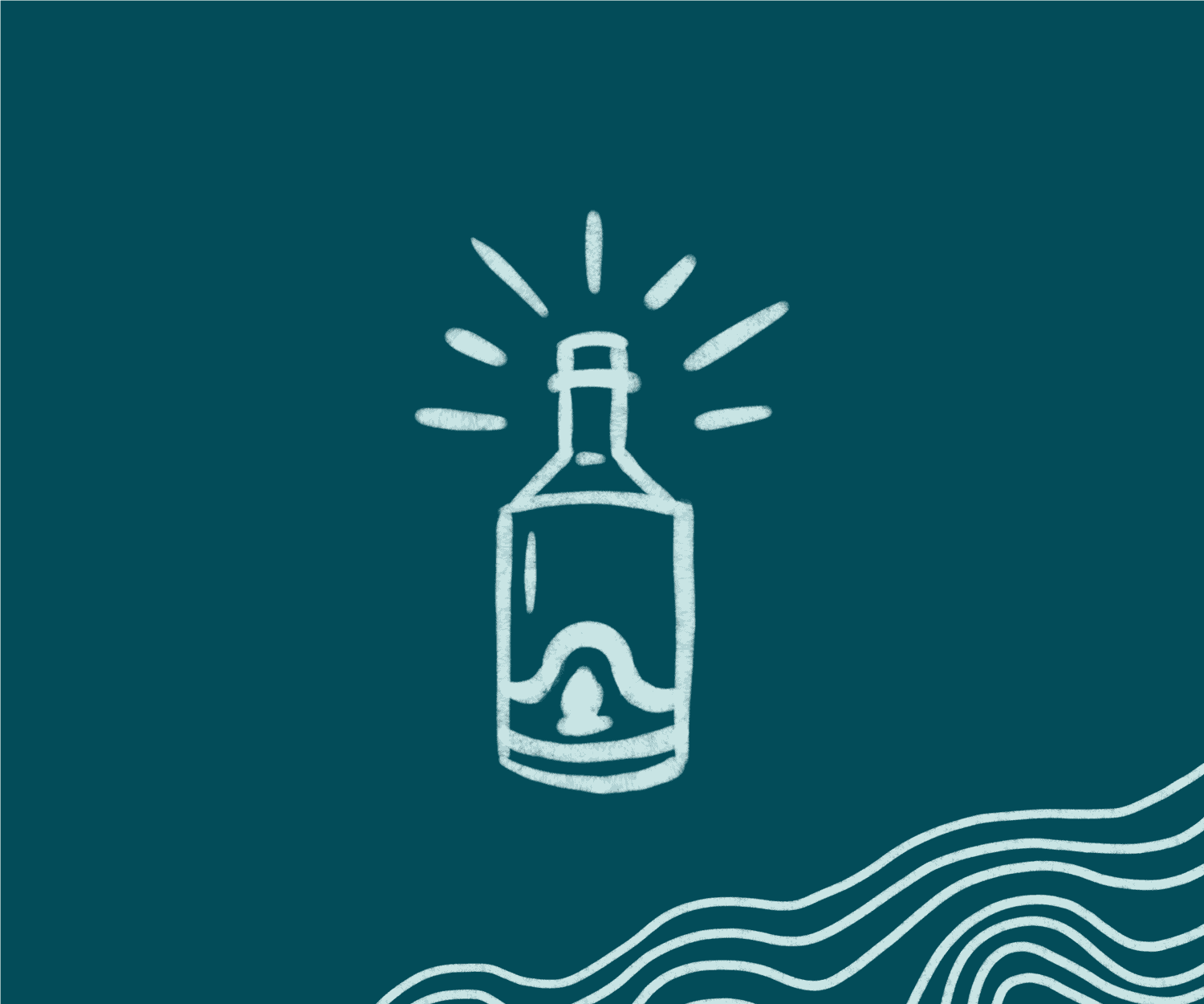 Animated line-drawn bottle icon over teal waves.